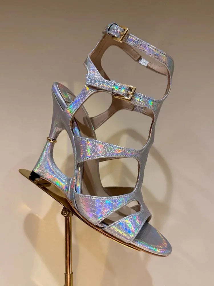 Buckle Strap Microfiber Sewing Irregular Hollow Coarse High Heel Sandals