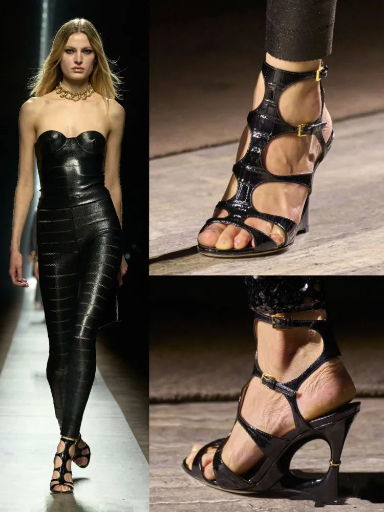 Buckle Strap Microfiber Sewing Irregular Hollow Coarse High Heel Sandals