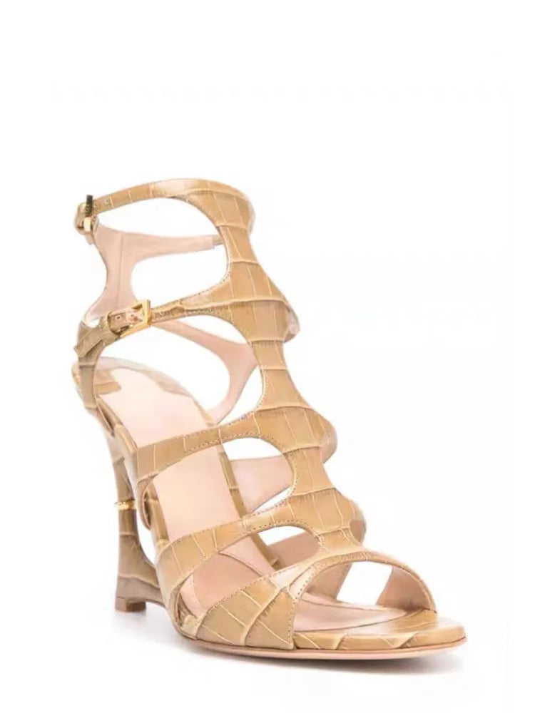 Buckle Strap Microfiber Sewing Irregular Hollow Coarse High Heel Sandals