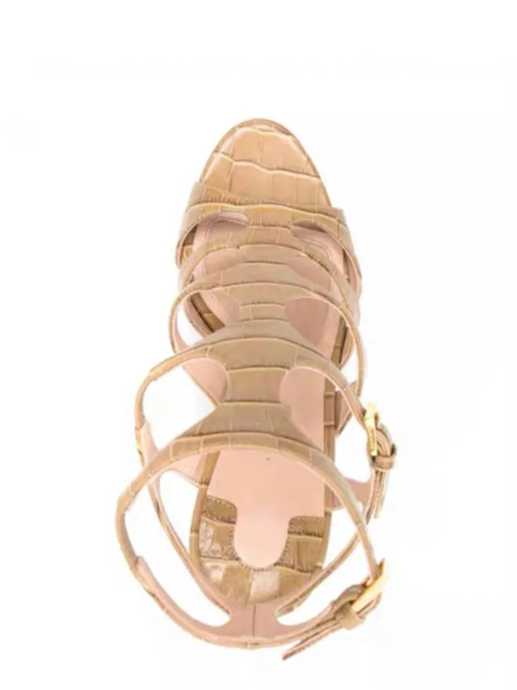 Buckle Strap Microfiber Sewing Irregular Hollow Coarse High Heel Sandals