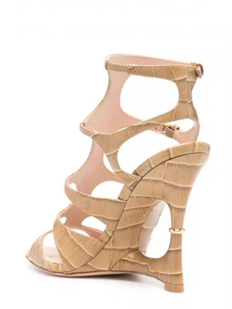 Buckle Strap Microfiber Sewing Irregular Hollow Coarse High Heel Sandals
