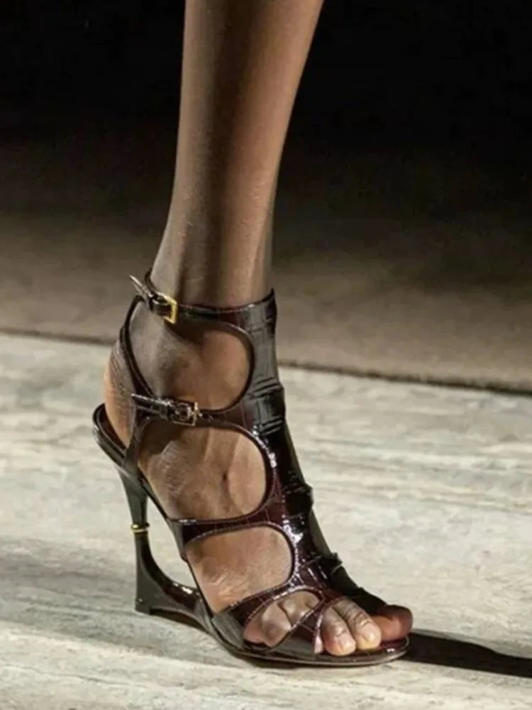 Buckle Strap Microfiber Sewing Irregular Hollow Coarse High Heel Sandals