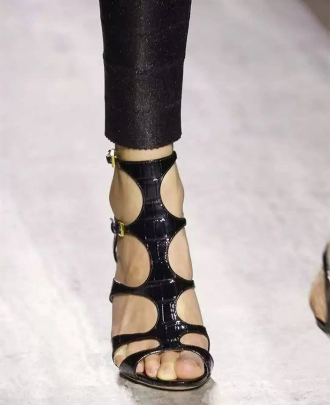Buckle Strap Microfiber Sewing Irregular Hollow Coarse High Heel Sandals