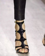 Buckle Strap Microfiber Sewing Irregular Hollow Coarse High Heel Sandals