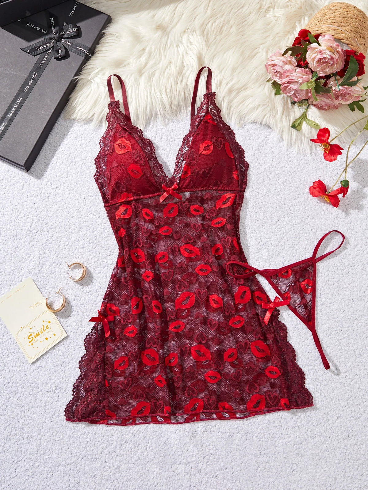 Irresistible Red Lingerie Dress See Through Mesh Sleepwear