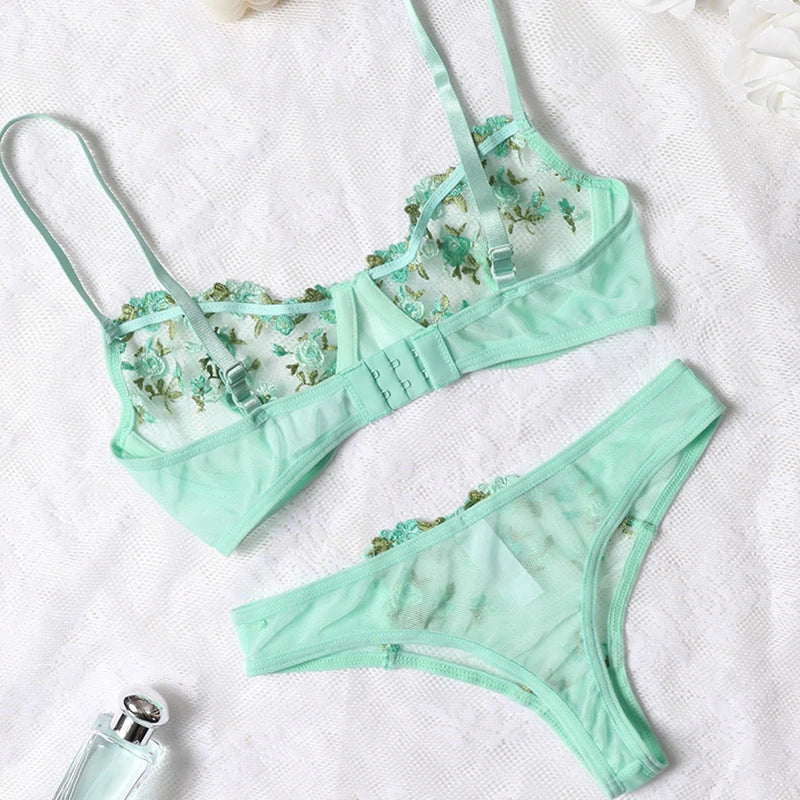 LQYCSX Lingerie Romantic Floral Lace Bra Set 2 Piece Dreamy Underwear Erotic Sheer Fine Outfit Exotic Panties Sets