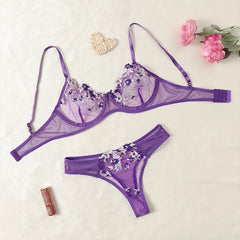 LQYCSX Lingerie Romantic Floral Lace Bra Set 2 Piece Dreamy Underwear Erotic Sheer Fine Outfit Exotic Panties Sets