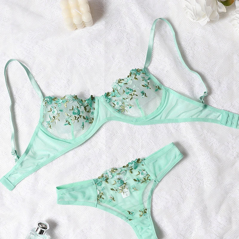 LQYCSX Lingerie Romantic Floral Lace Bra Set 2 Piece Dreamy Underwear Erotic Sheer Fine Outfit Exotic Panties Sets