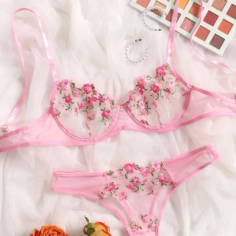 LQYCSX Lingerie Romantic Floral Lace Bra Set 2 Piece Dreamy Underwear Erotic Sheer Fine Outfit Exotic Panties Sets