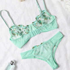 LQYCSX Lingerie Romantic Floral Lace Bra Set 2 Piece Dreamy Underwear Erotic Sheer Fine Outfit Exotic Panties Sets