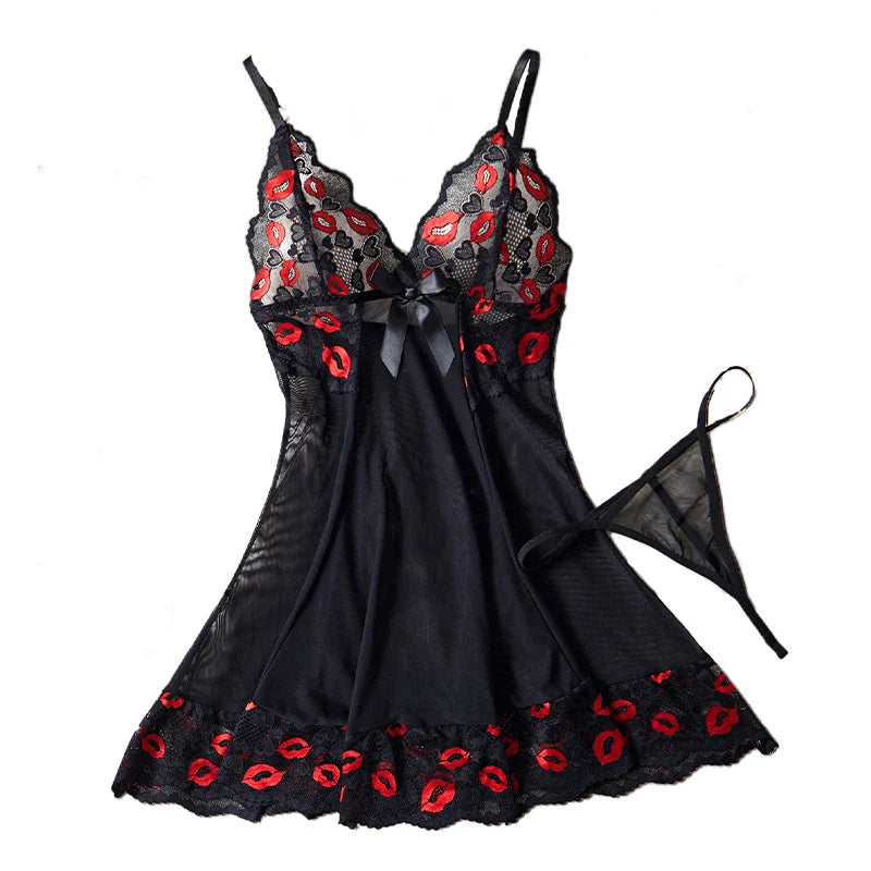 Lace Contrasting Babydoll Dress Underwear With Thongs Night Costumes