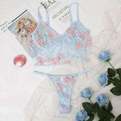 Lace Floral Embroidery See Through Bra Panties Set Underwear Lingerie Erotic 2 Pieces Bra Brief Sets