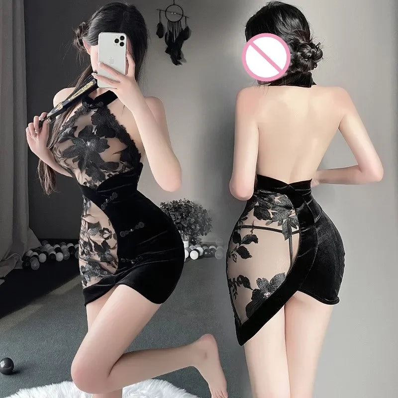 Lace See-through Embroidery Backless Halter Qipao Mini Dress Chinese Traditional Cheongsam Lingerie Elegant Clothes