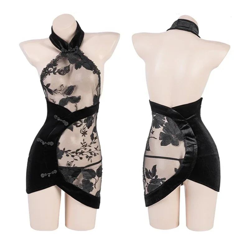 Lace See-through Embroidery Backless Halter Qipao Mini Dress Chinese Traditional Cheongsam Lingerie Elegant Clothes