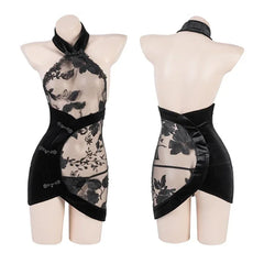 Lace See-through Embroidery Backless Halter Qipao Mini Dress Chinese Traditional Cheongsam Lingerie Elegant Clothes