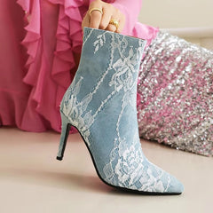 Lace Solid pointed toe super thin high heels party Ankle boots
