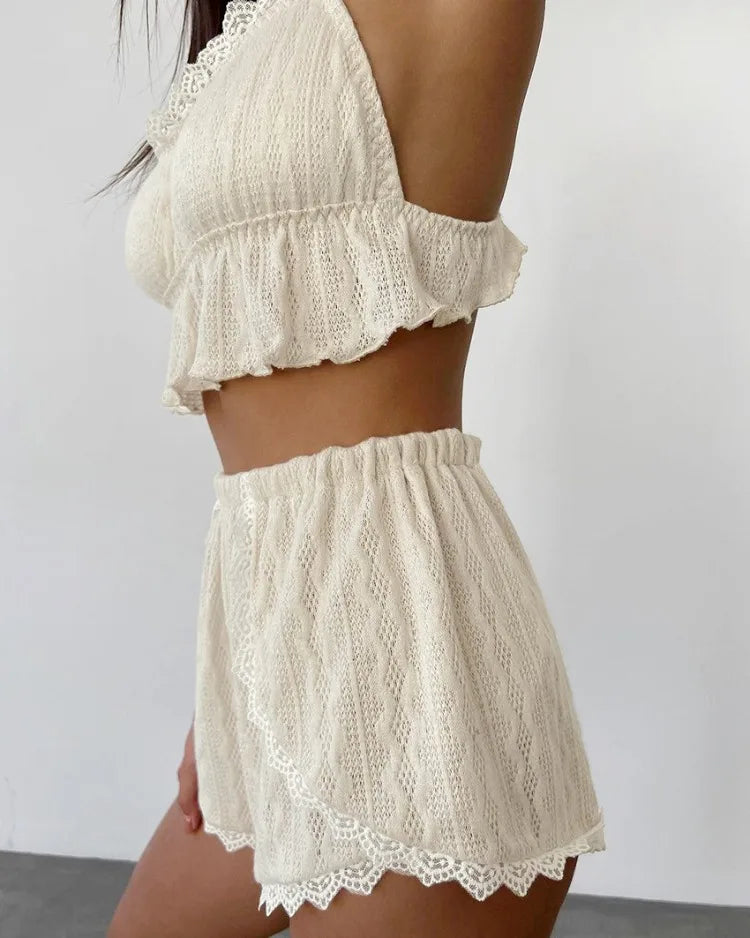 Lace Trim Ruffle Hem U-Neck Strap Cable Textured Cami & Casual Shorts Loungewear Summer Pajamas Set Sleepwear