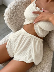 Lace Trim Ruffle Hem U-Neck Strap Cable Textured Cami & Casual Shorts Loungewear Summer Pajamas Set Sleepwear
