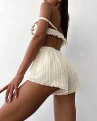 Lace Trim Ruffle Hem U-Neck Strap Cable Textured Cami & Casual Shorts Loungewear Summer Pajamas Set Sleepwear