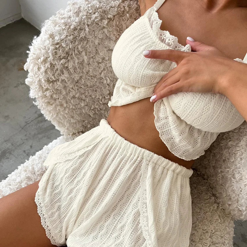 Lace Trim Ruffle Hem U-Neck Strap Cable Textured Cami & Casual Shorts Loungewear Summer Pajamas Set Sleepwear