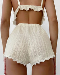 Lace Trim Ruffle Hem U-Neck Strap Cable Textured Cami & Casual Shorts Loungewear Summer Pajamas Set Sleepwear