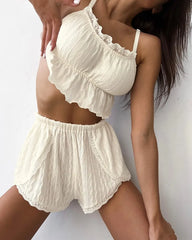 Lace Trim Ruffle Hem U-Neck Strap Cable Textured Cami & Casual Shorts Loungewear Summer Pajamas Set Sleepwear