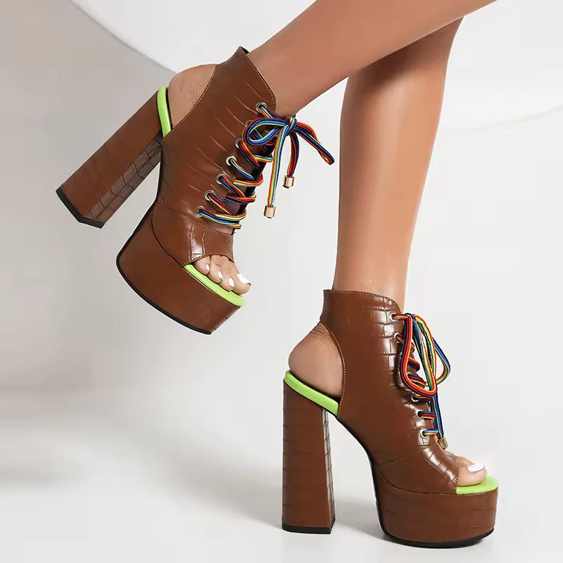 Lace-Up Cross High Waterproof Platform Plaid Hollow-Out Peep Toe Super High Heels Sandals