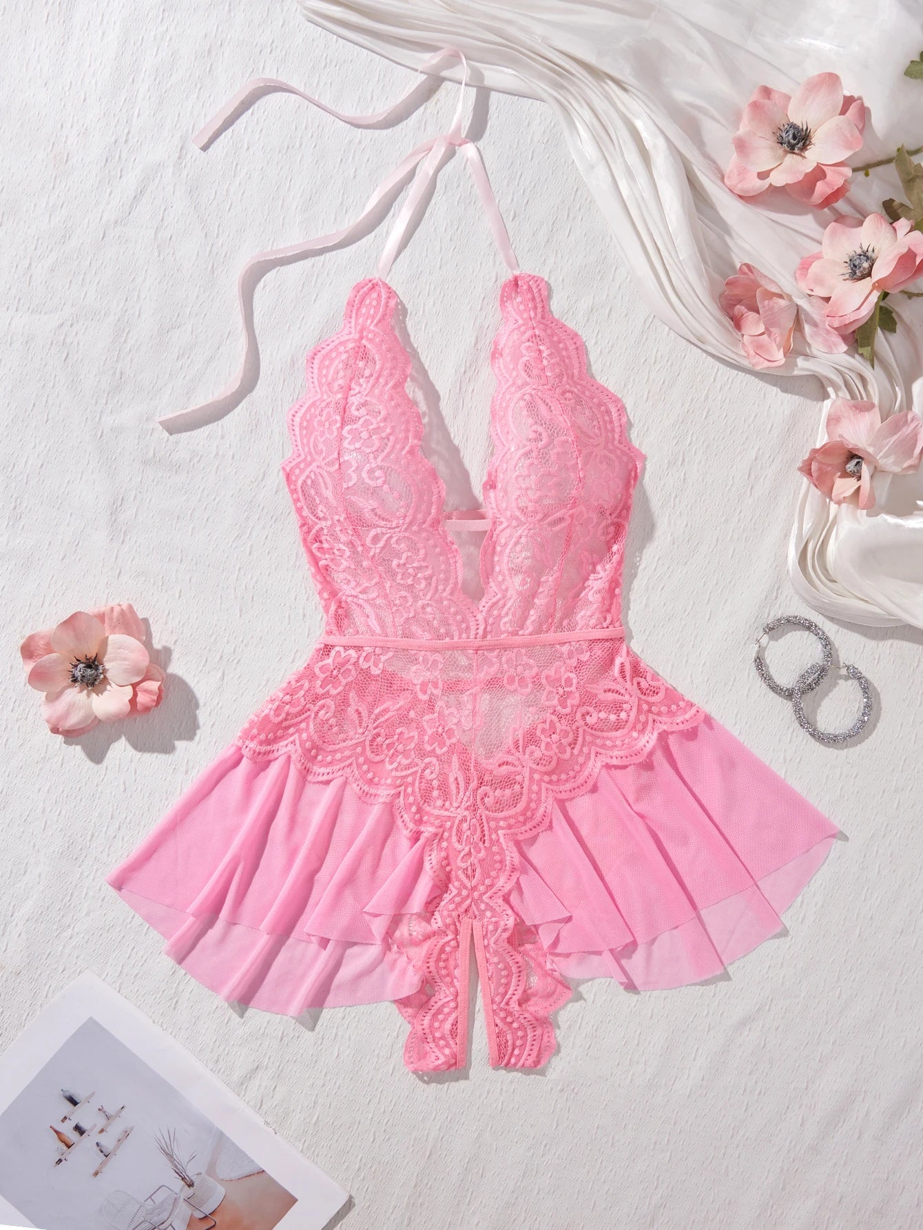 Lace Up Halter Deep V Babydoll Dress Backless Hollow Out Date Night Outfit