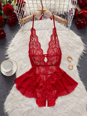 Lace Up Halter Deep V Babydoll Dress Backless Hollow Out Date Night Outfit