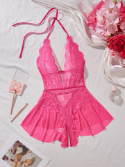 Lace Up Halter Deep V Babydoll Dress Backless Hollow Out Date Night Outfit