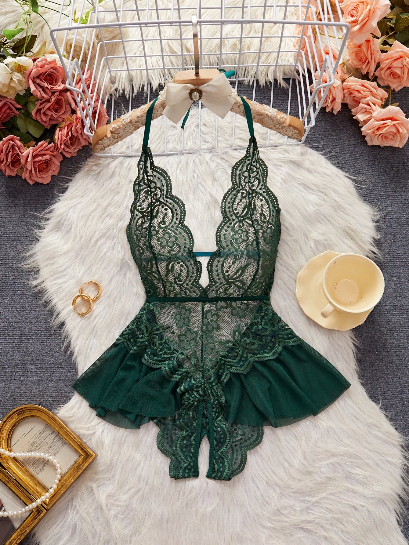 Lace Up Halter Deep V Babydoll Dress Backless Hollow Out Date Night Outfit