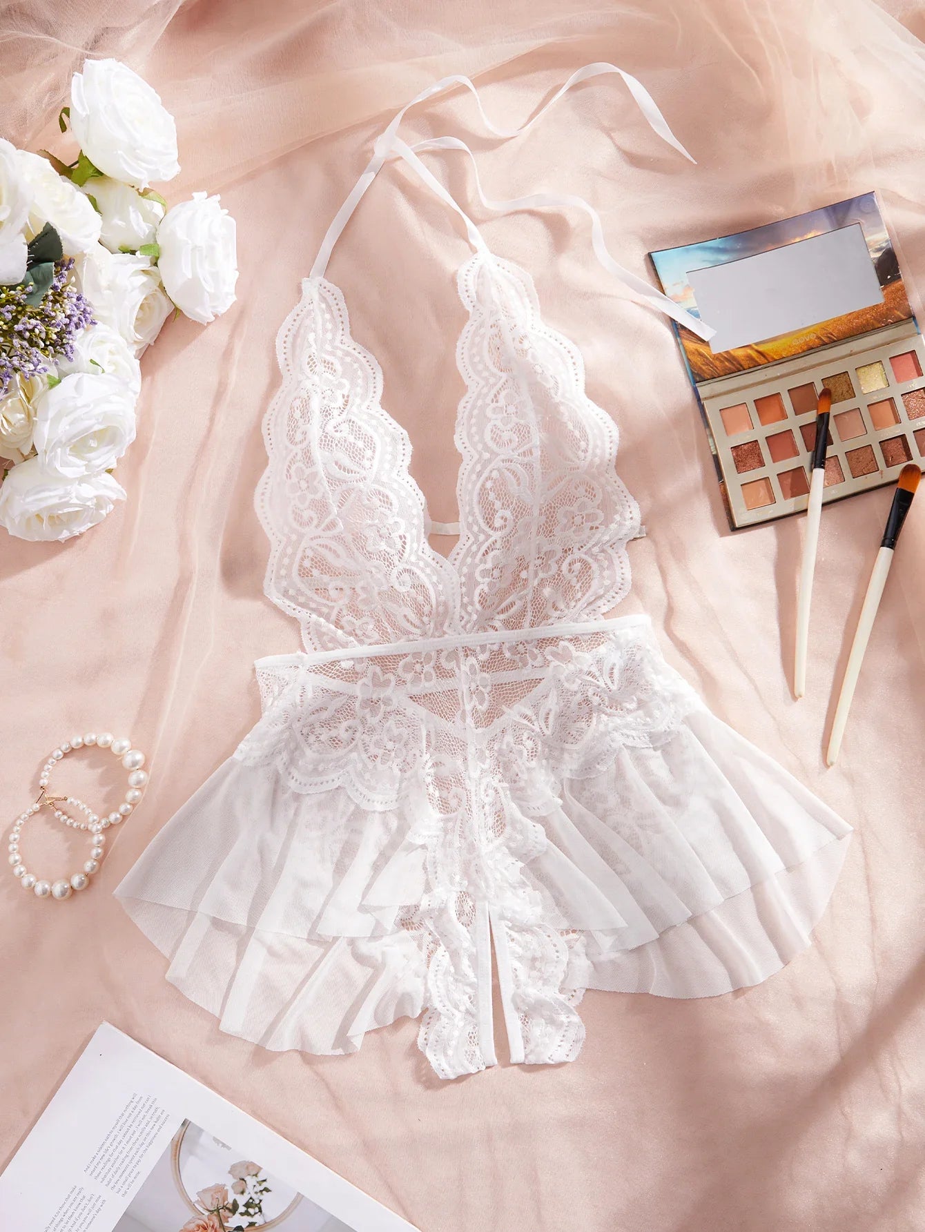Lace Up Halter Deep V Babydoll Dress Backless Hollow Out Date Night Outfit
