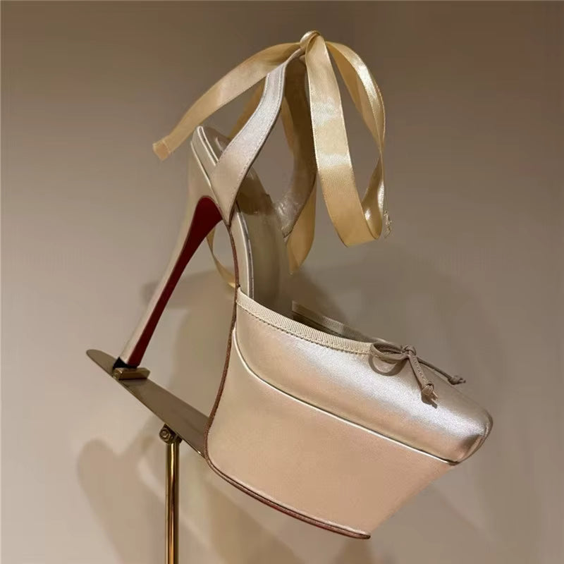 Lace-Up Square Toe Thin Heels Platform Pumps Pleated Slingback Wedding Sandals