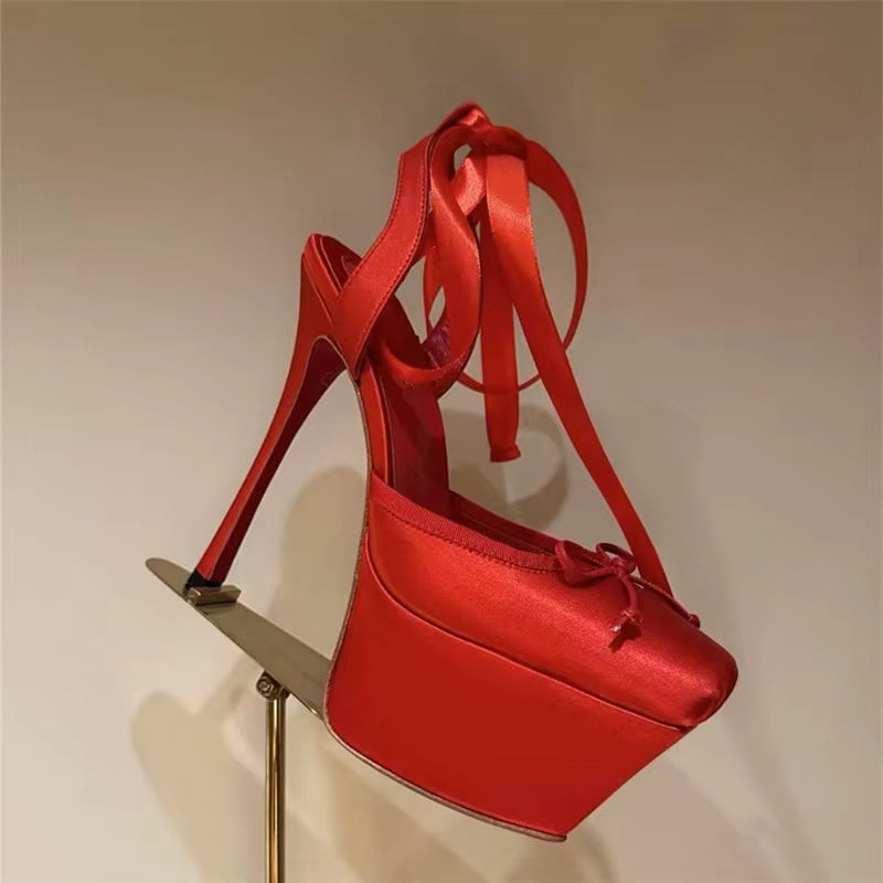 Lace-Up Square Toe Thin Heels Platform Pumps Pleated Slingback Wedding Sandals