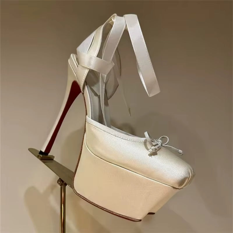 Lace-Up Square Toe Thin Heels Platform Pumps Pleated Slingback Wedding Sandals