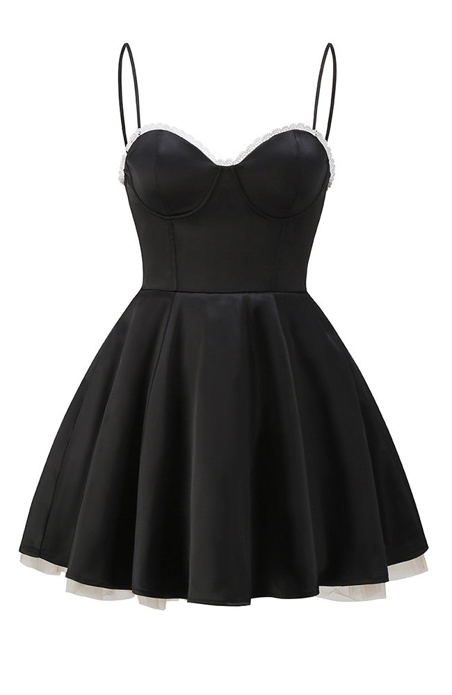 Lace Detail Bustier A Line Dress Black