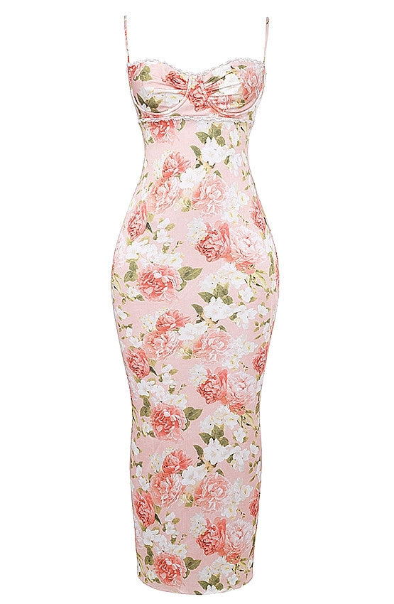 Lace Bustier Floral Maxi Dress Pink