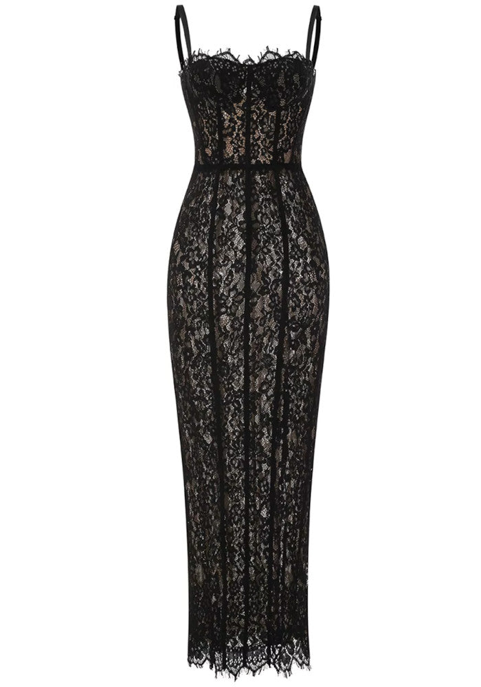 Lace Bustier Detail Maxi Dress Black