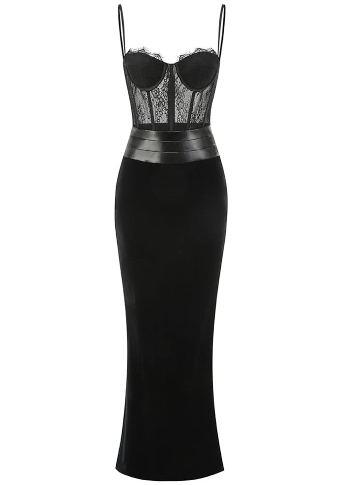 Lace Corset Maxi Velvet Dress Black