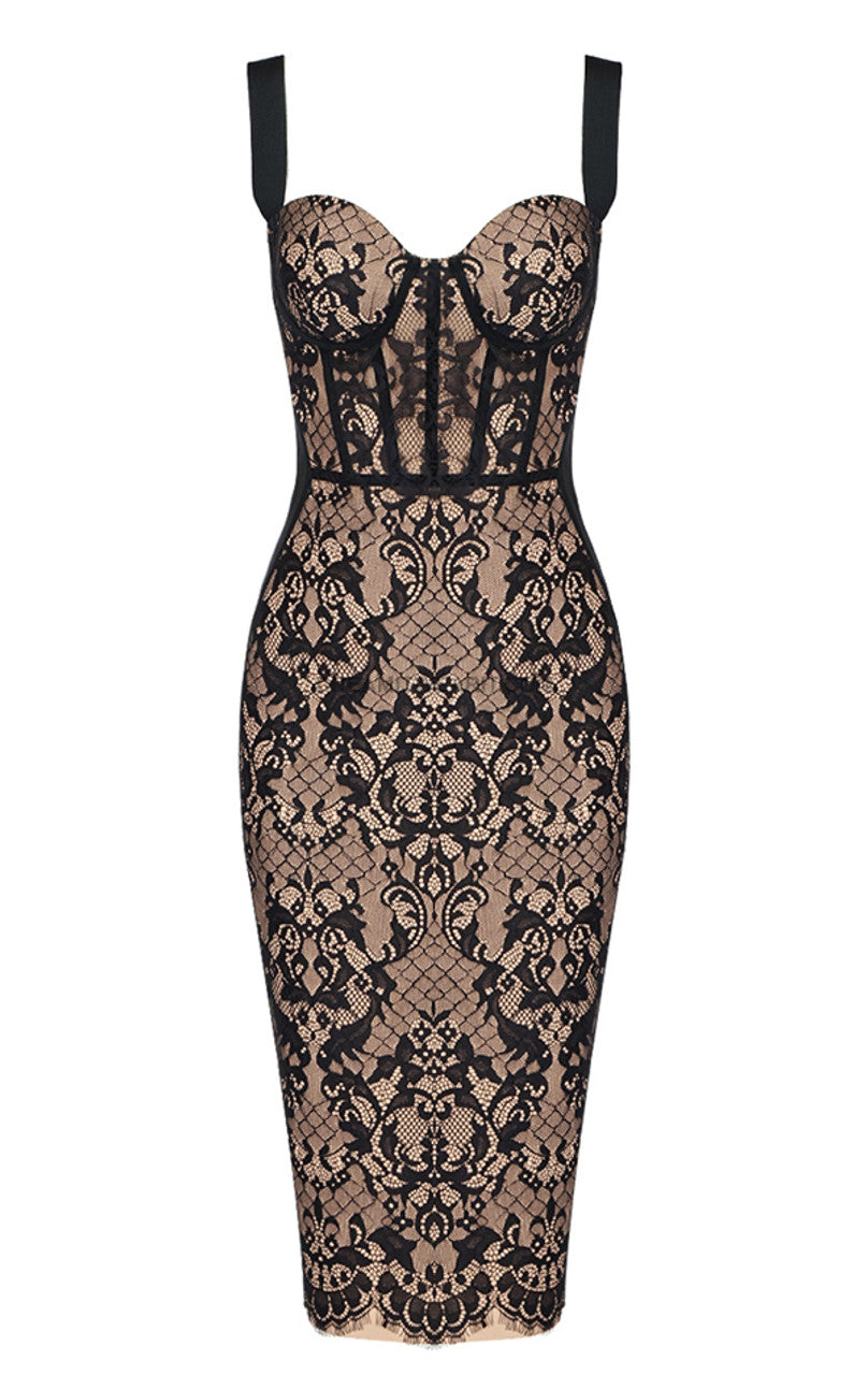 Lace Insert Bustier Midi Dress Black