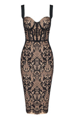 Lace Insert Bustier Midi Dress Black
