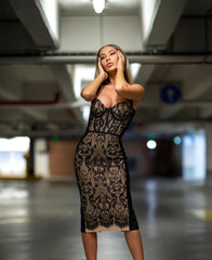 Lace Insert Bustier Midi Dress Black