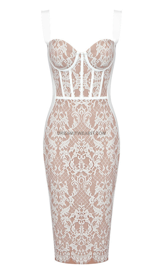 Lace Insert Bustier Midi Dress White