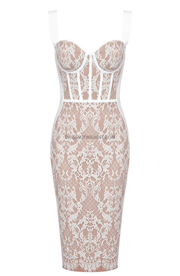 Lace Insert Bustier Midi Dress White