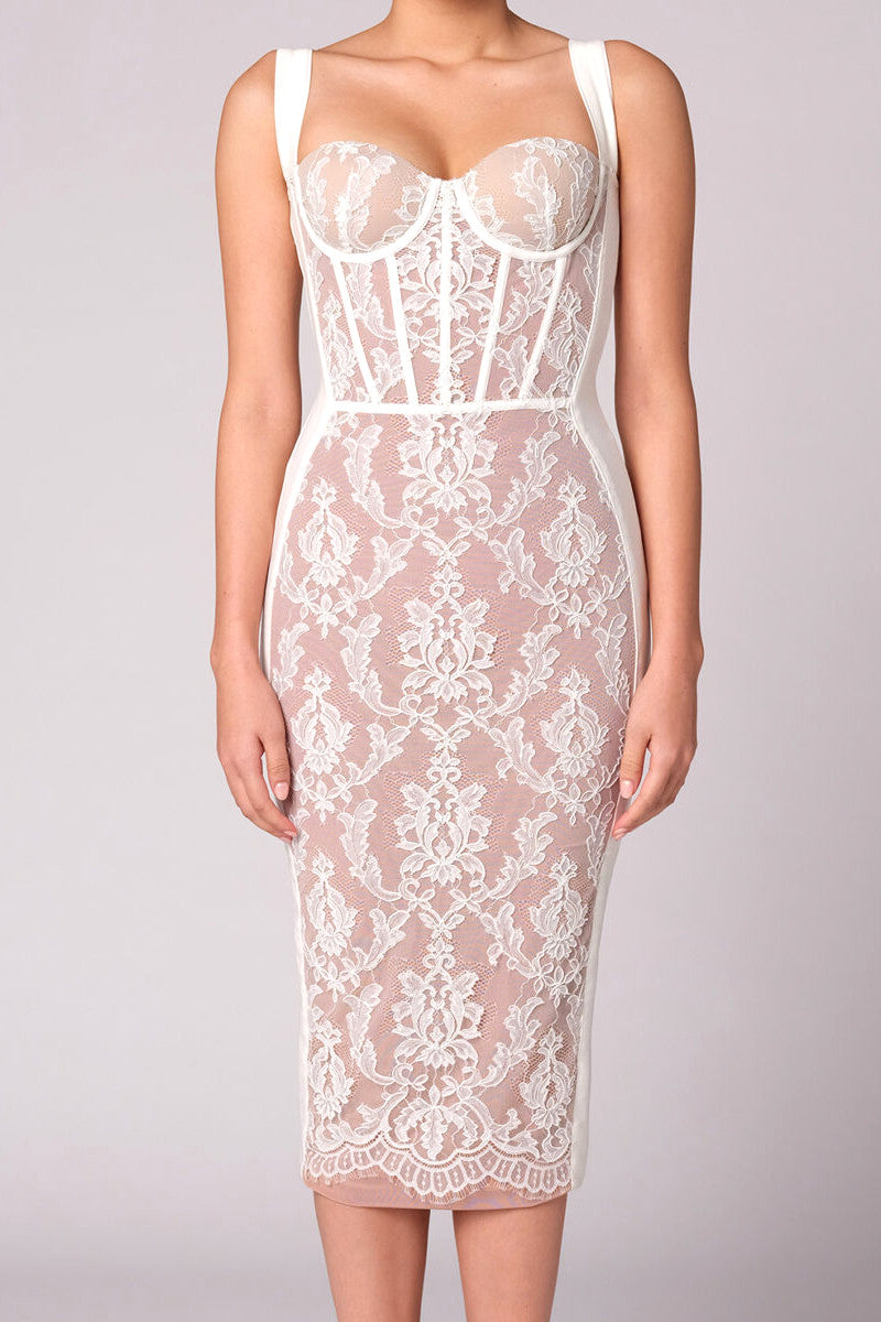 Lace Insert Bustier Midi Dress White