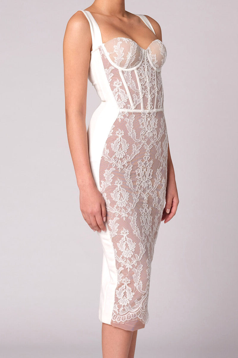 Lace Insert Bustier Midi Dress White