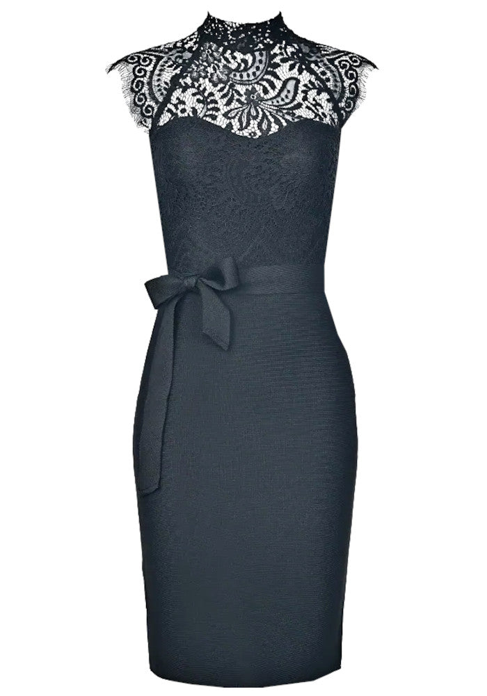 Lace Insert Tie Detail Dress Black