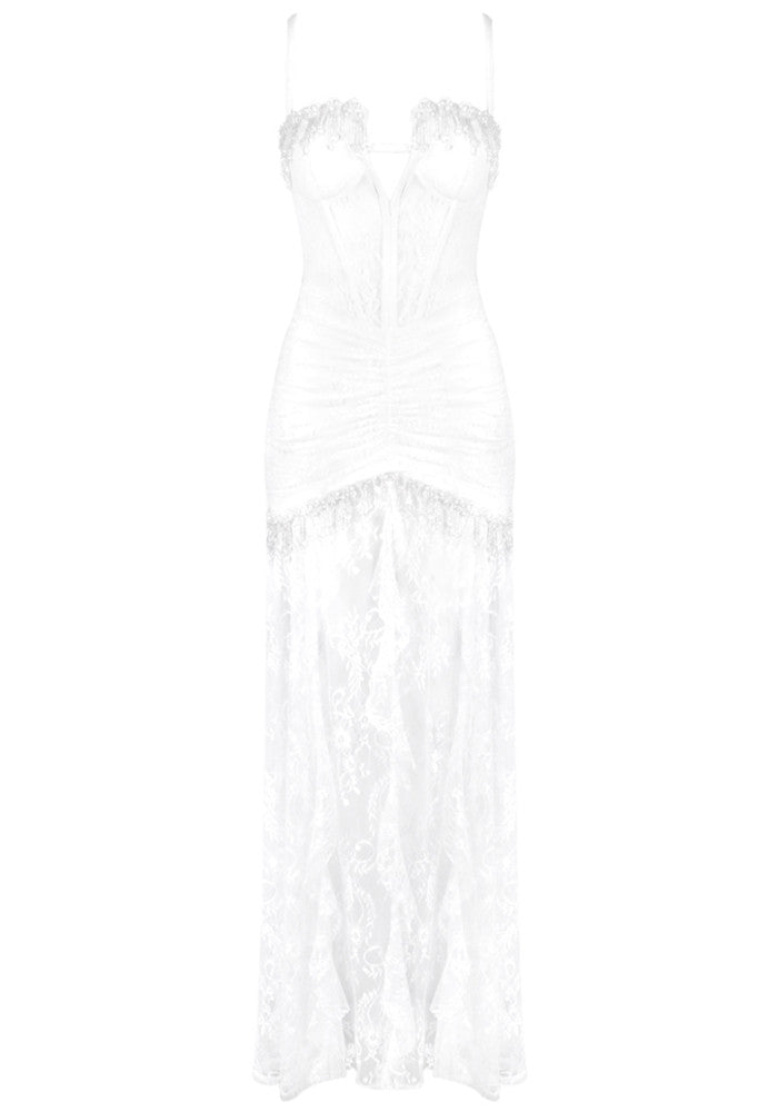 Lace Ruched Corset Maxi Dress White