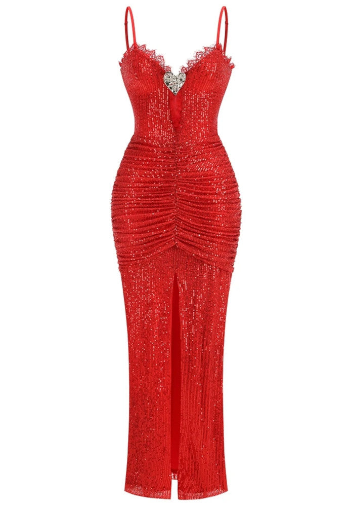 Lace Ruched Sequin Maxi Dress Red