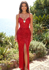 Lace Ruched Sequin Maxi Dress Red